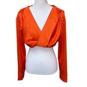 Satin Bardot Twist Front Crop Top PrettyLittleThing Long Sleeve Sz 4 Orange FLAW